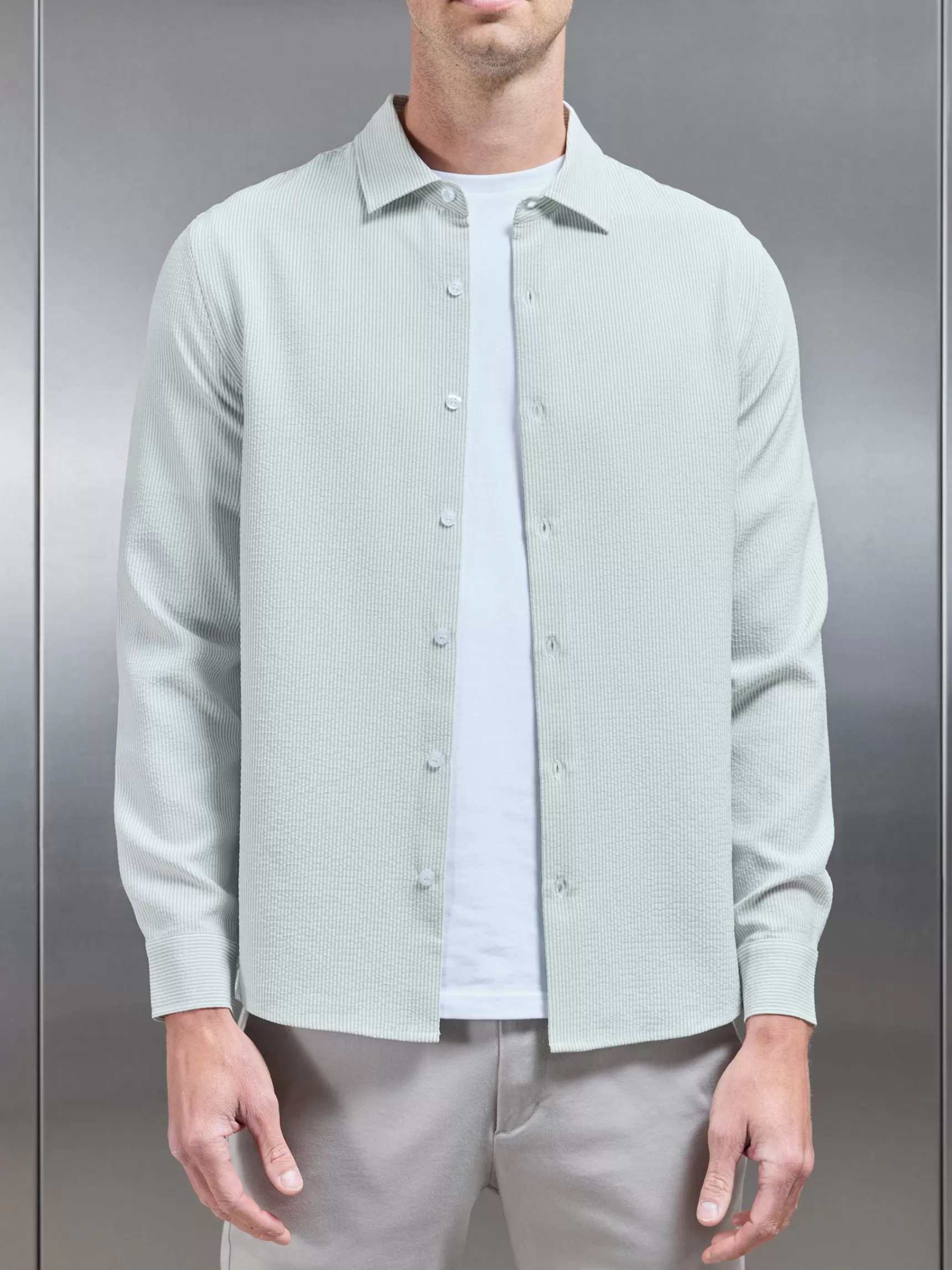Cheap ARNE Seersucker Long Sleeve Cutaway Collar Shirt - Sage