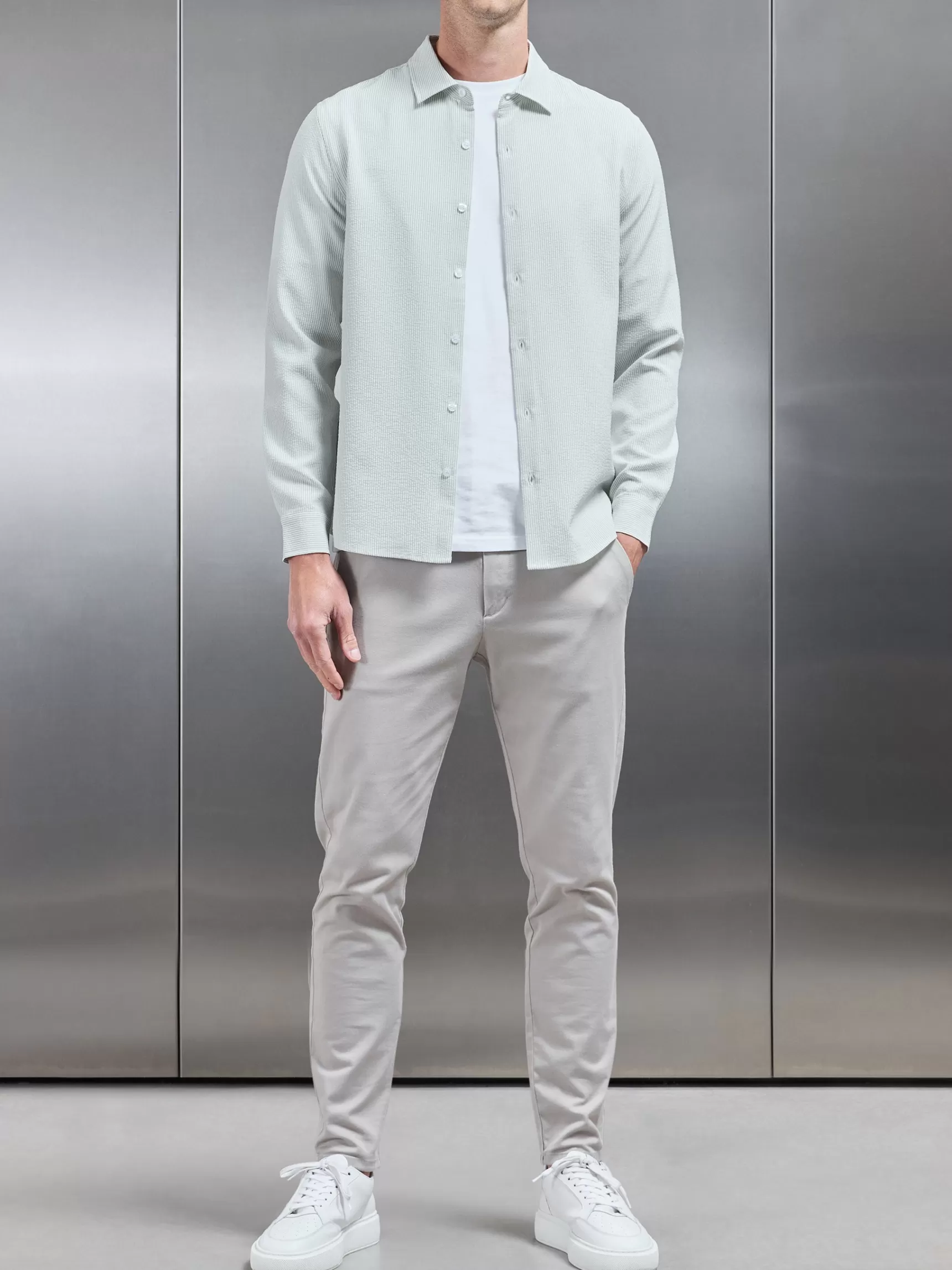 Cheap ARNE Seersucker Long Sleeve Cutaway Collar Shirt - Sage