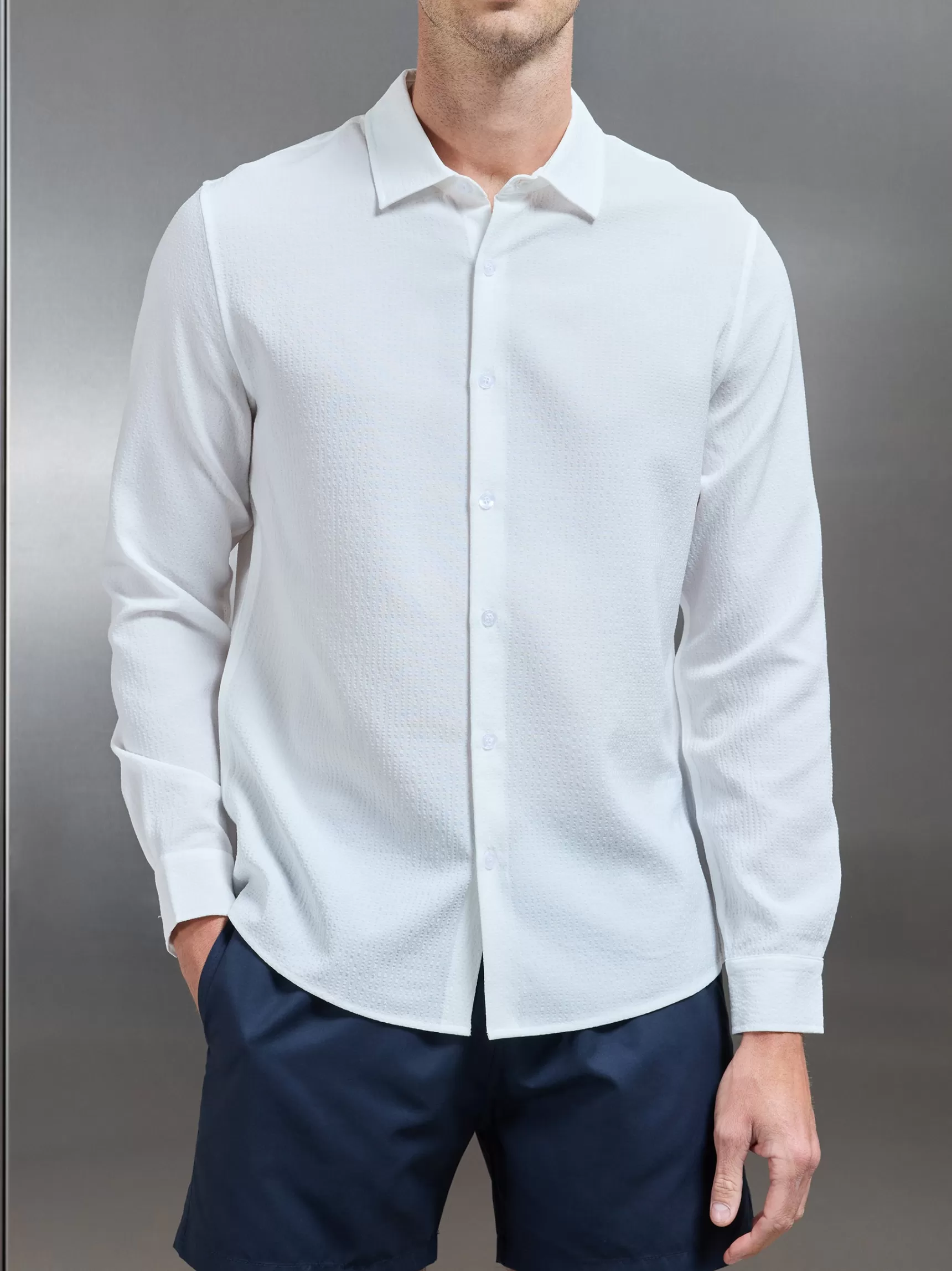 Clearance ARNE Seersucker Long Sleeve Cutaway Collar Shirt - White