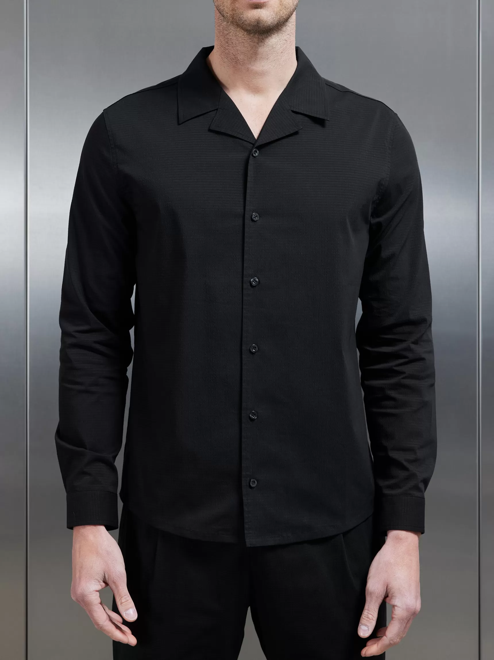Cheap ARNE Seersucker Revere Collar Long Sleeve Shirt - Black