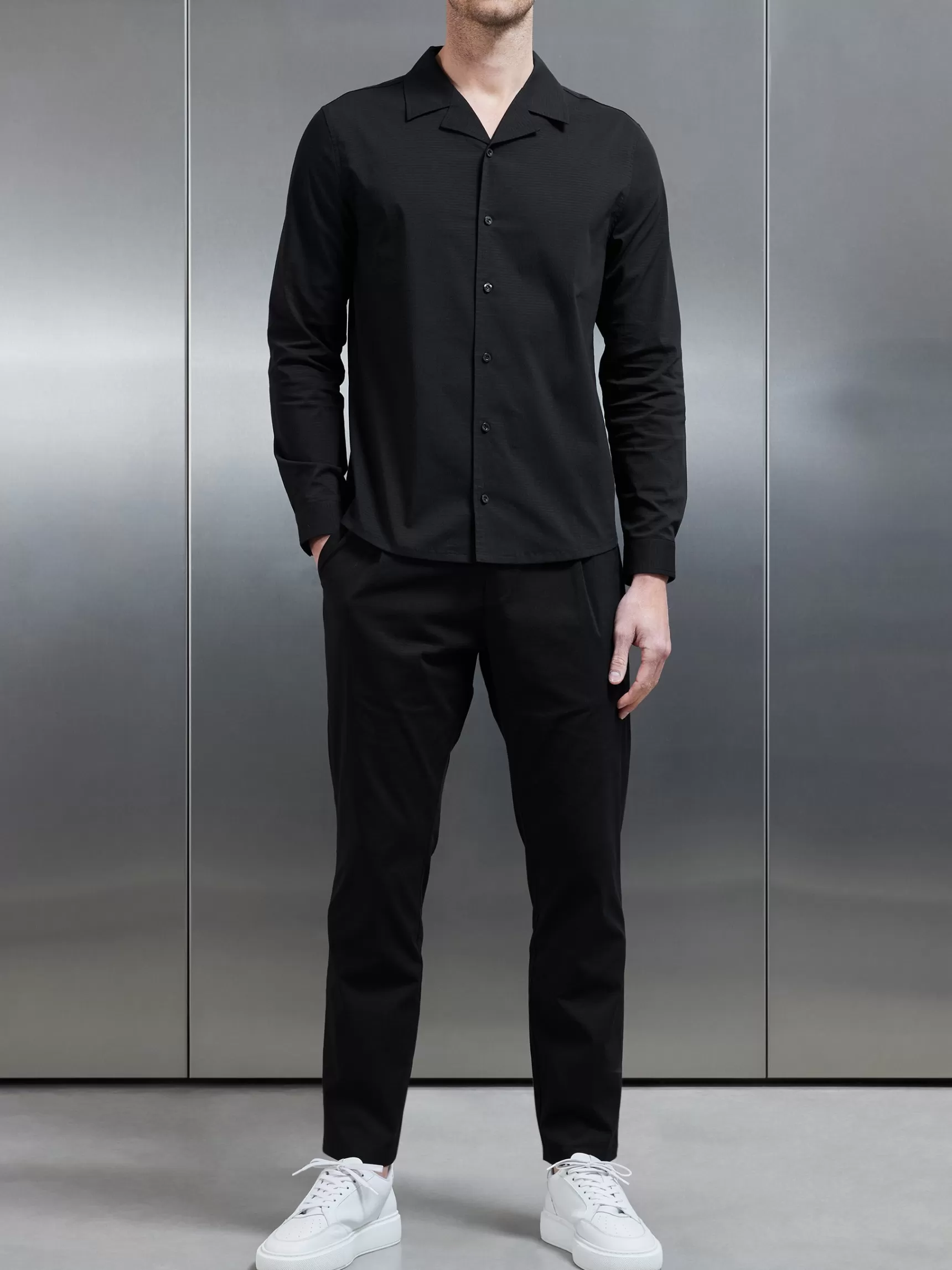 Cheap ARNE Seersucker Revere Collar Long Sleeve Shirt - Black