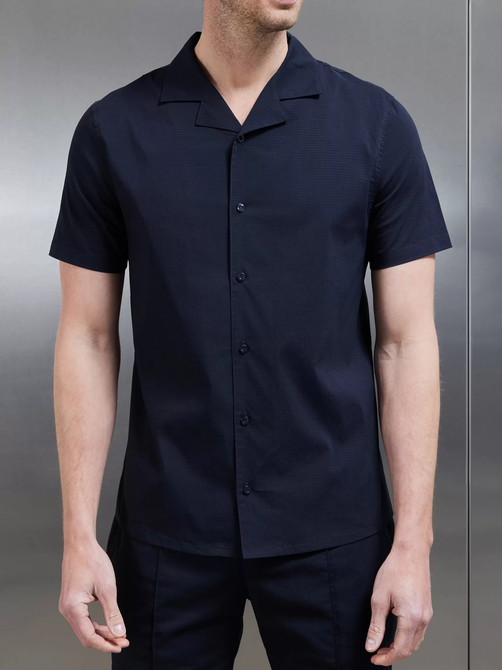 Cheap ARNE Seersucker Revere Collar Shirt - Navy