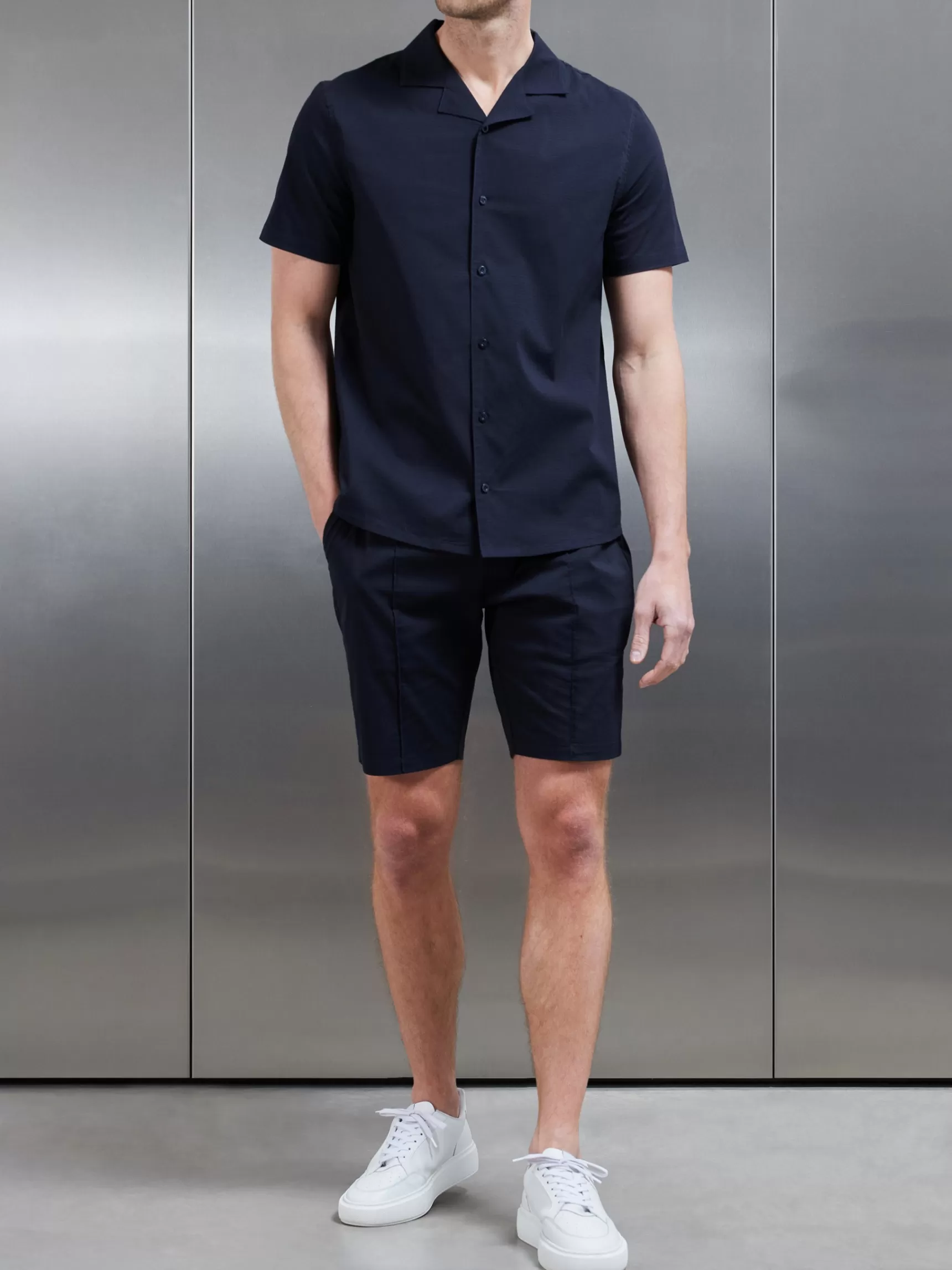 Cheap ARNE Seersucker Revere Collar Shirt - Navy