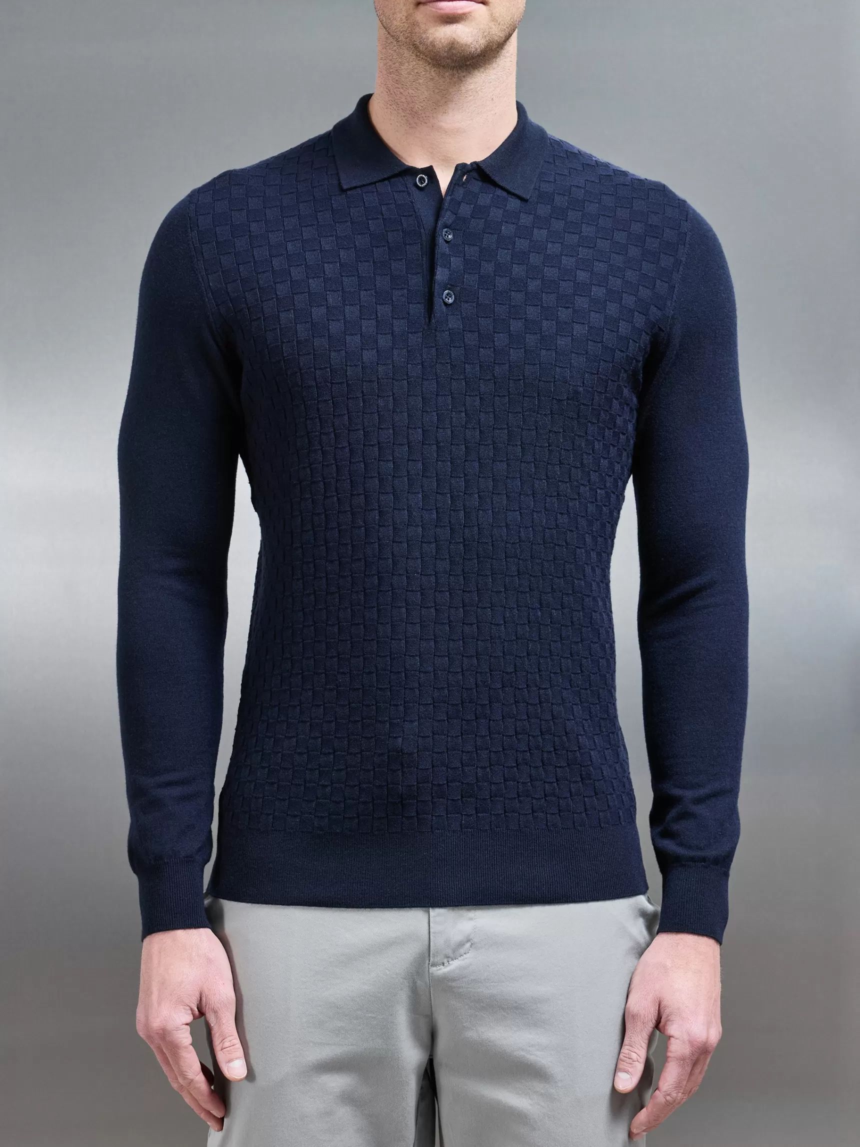 Outlet ARNE Square Textured Long Sleeve Button Polo Shirt - Navy