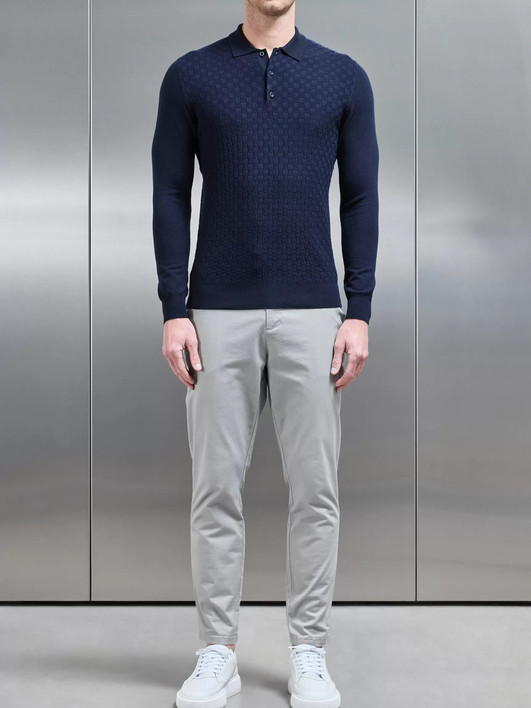Outlet ARNE Square Textured Long Sleeve Button Polo Shirt - Navy
