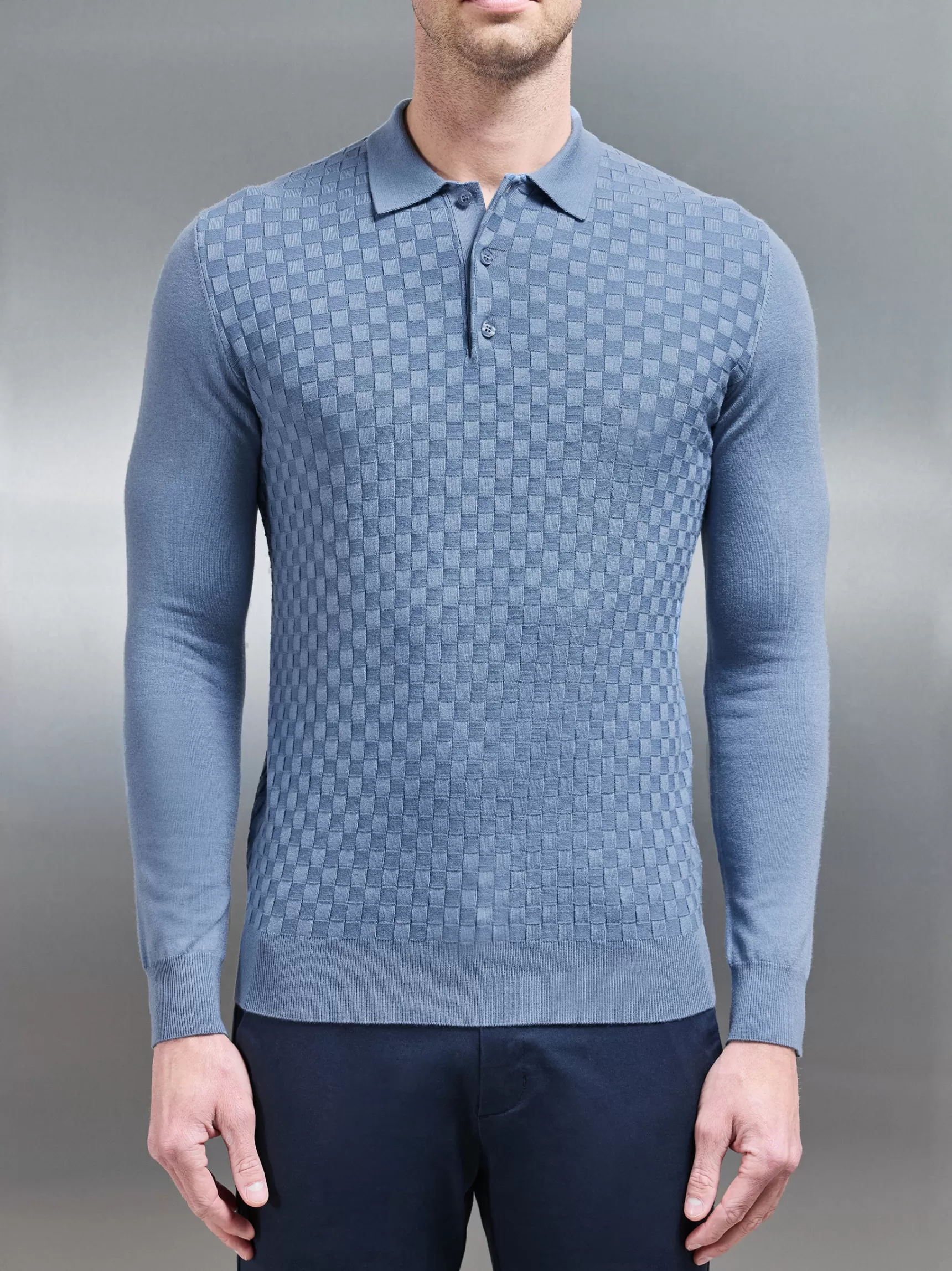 Discount ARNE Square Textured Long Sleeve Button Polo Shirt - Silk Blue SilkBlue