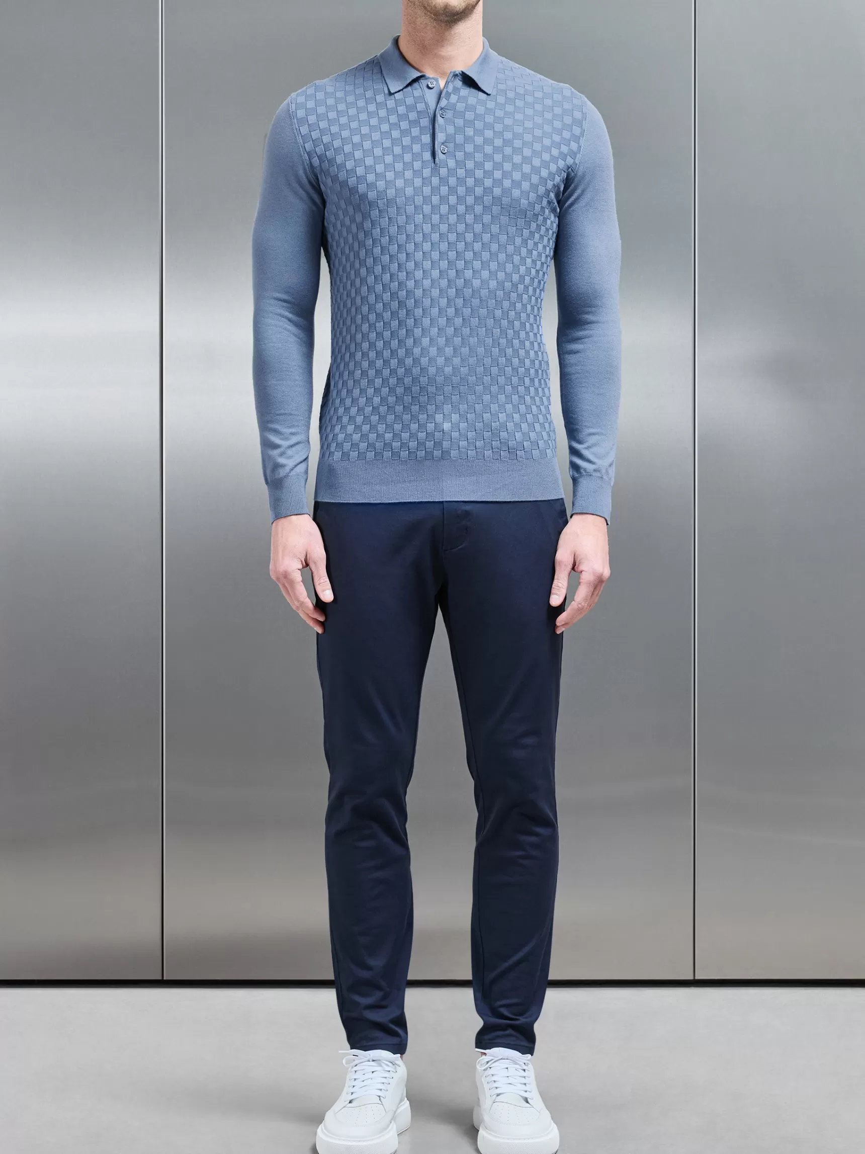 Discount ARNE Square Textured Long Sleeve Button Polo Shirt - Silk Blue SilkBlue
