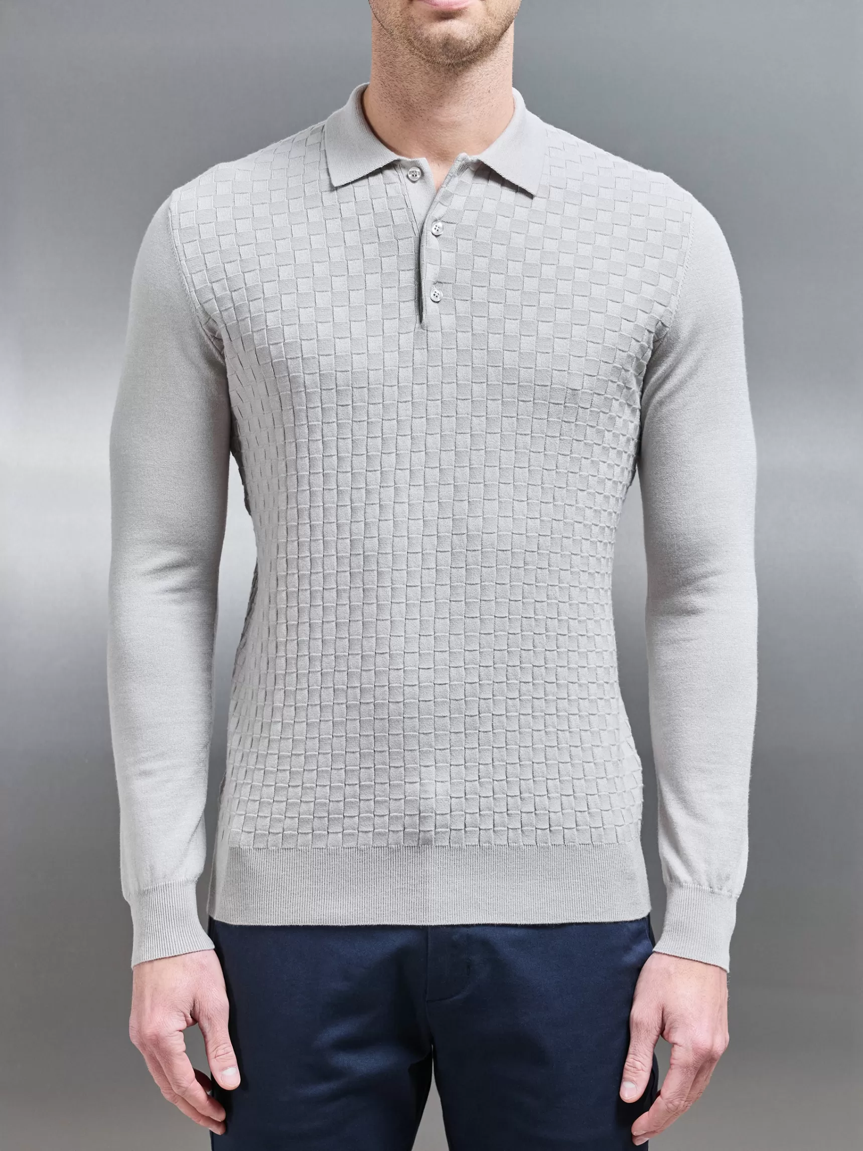 Outlet ARNE Square Textured Long Sleeve Button Polo Shirt - Stone