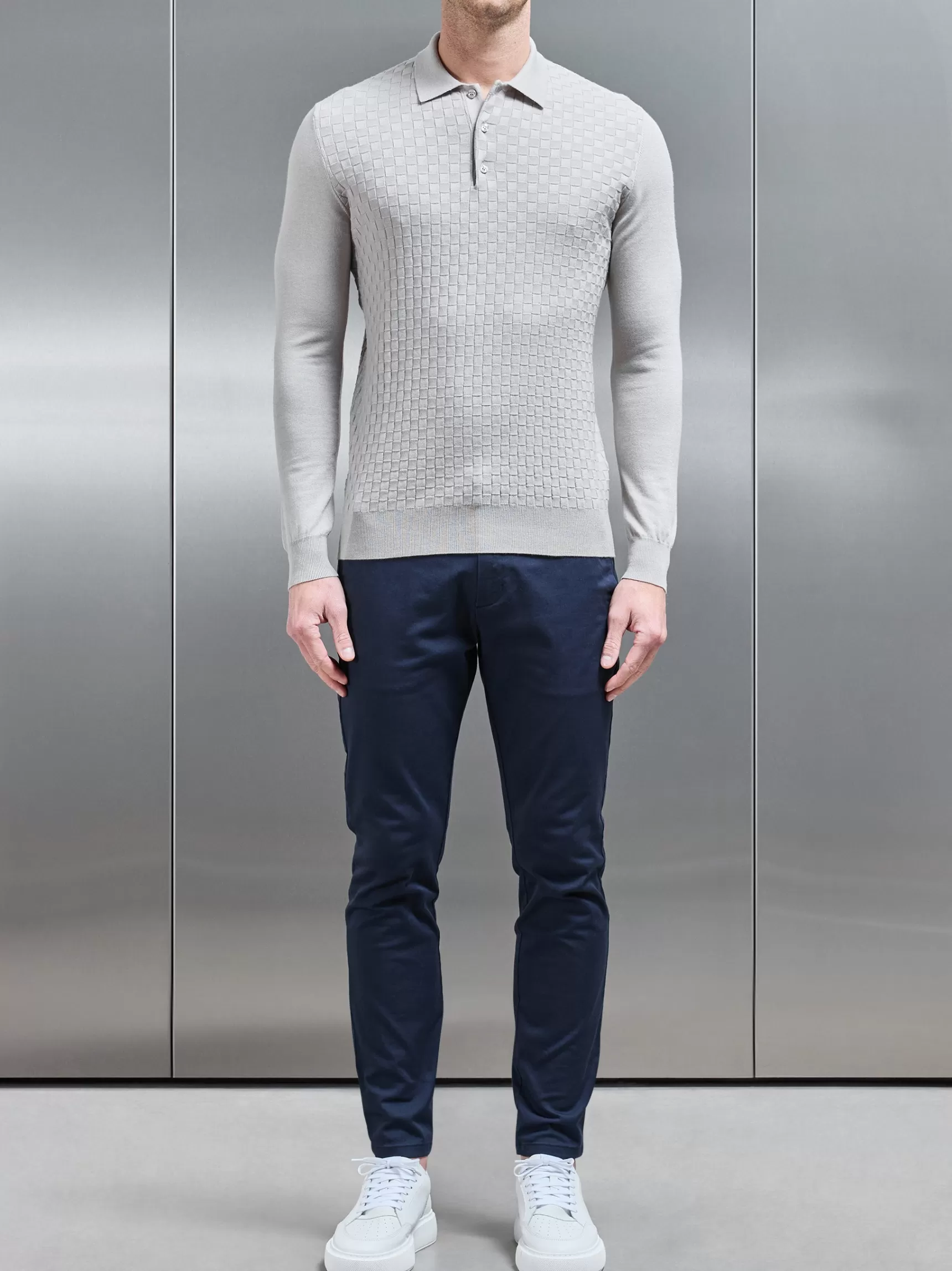 Outlet ARNE Square Textured Long Sleeve Button Polo Shirt - Stone