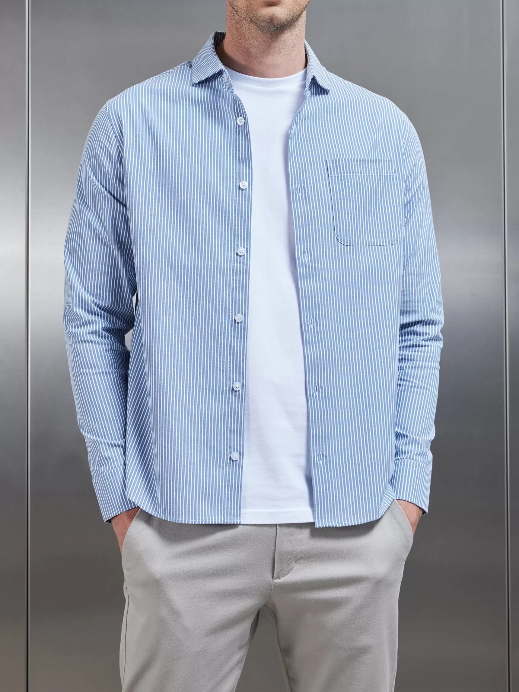 Sale ARNE Stripe Long Sleeve Cutaway Collar Shirt - Blue