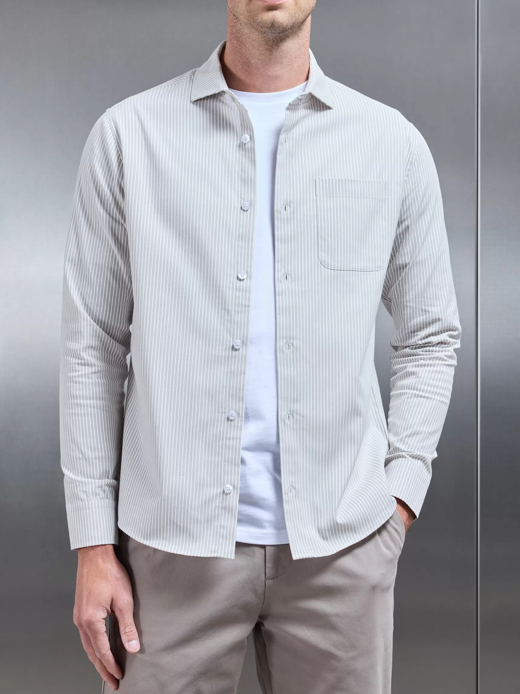 Discount ARNE Stripe Long Sleeve Cutaway Collar Shirt - Stone