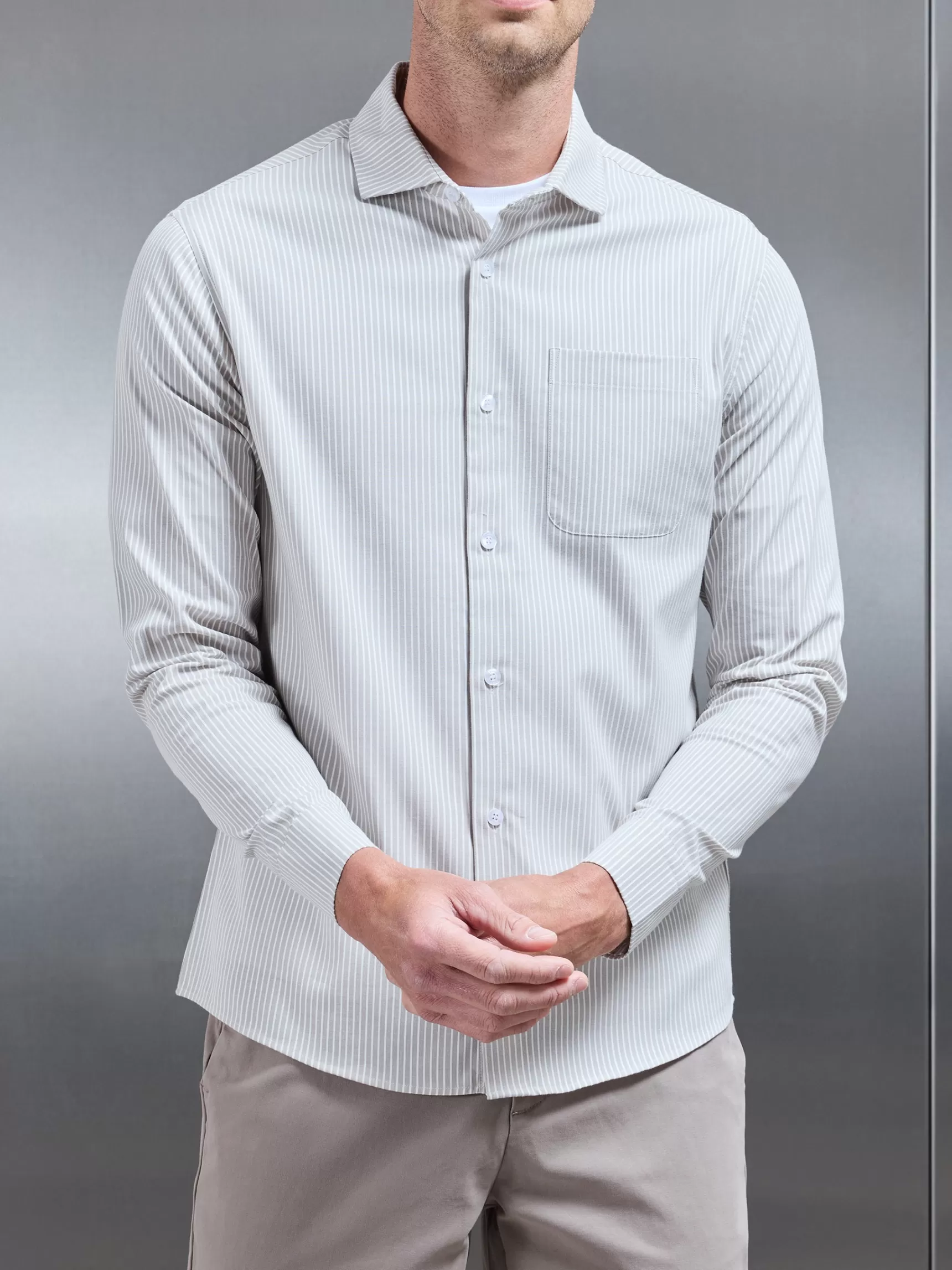 Discount ARNE Stripe Long Sleeve Cutaway Collar Shirt - Stone