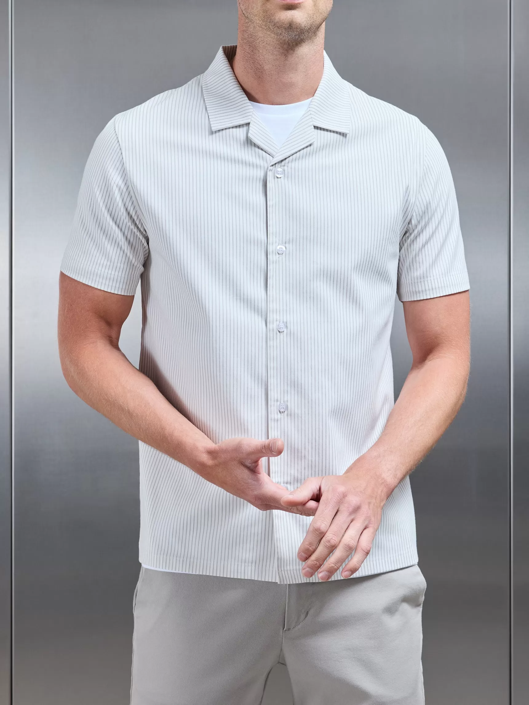 Shop ARNE Stripe Short Sleeve Revere Collar Shirt - White