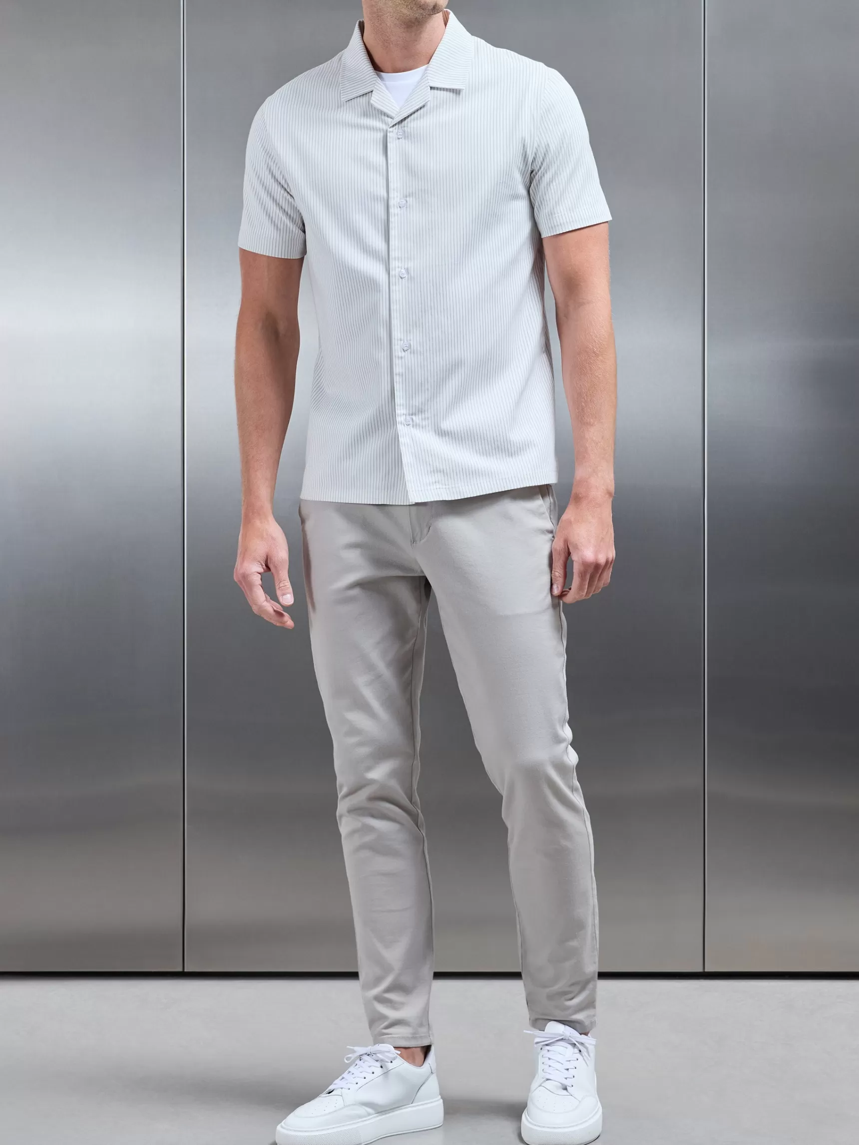 Shop ARNE Stripe Short Sleeve Revere Collar Shirt - White