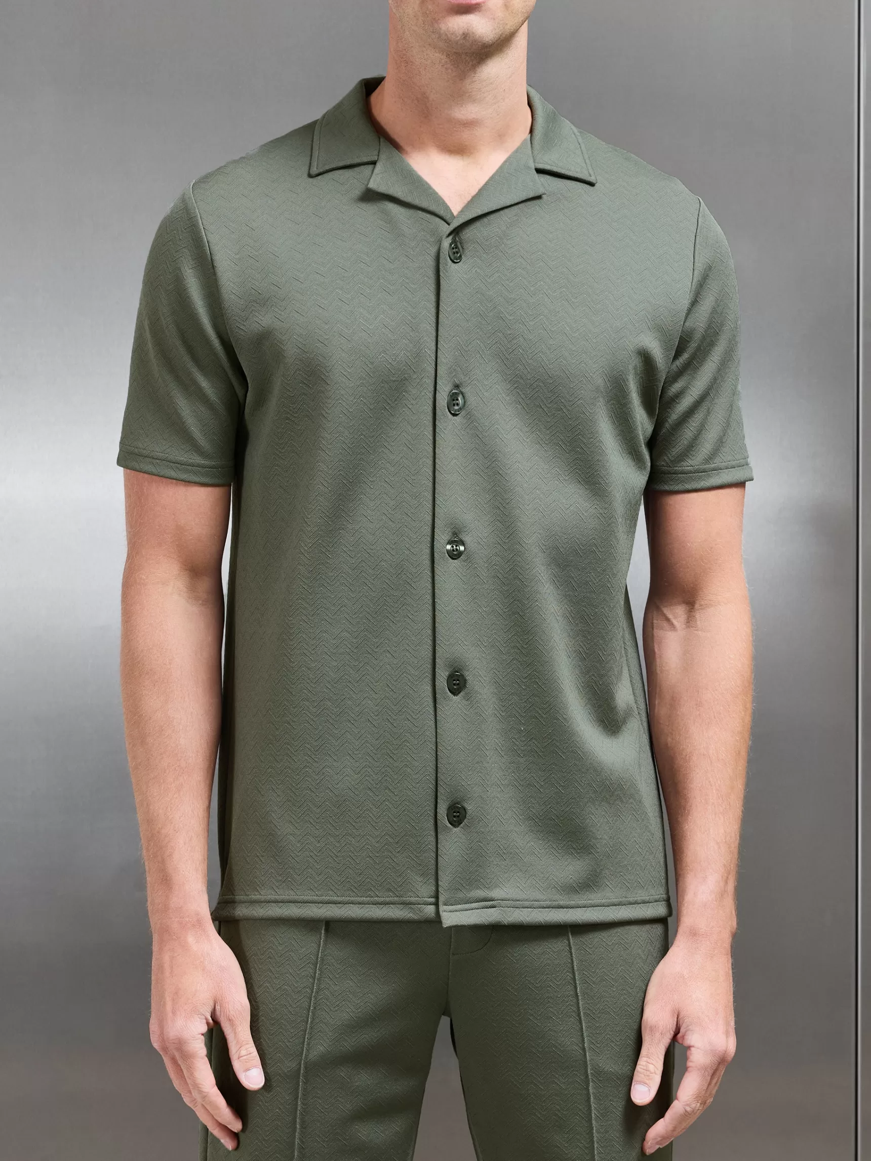 Store ARNE Textured Interlock Revere Collar Shirt - Olive