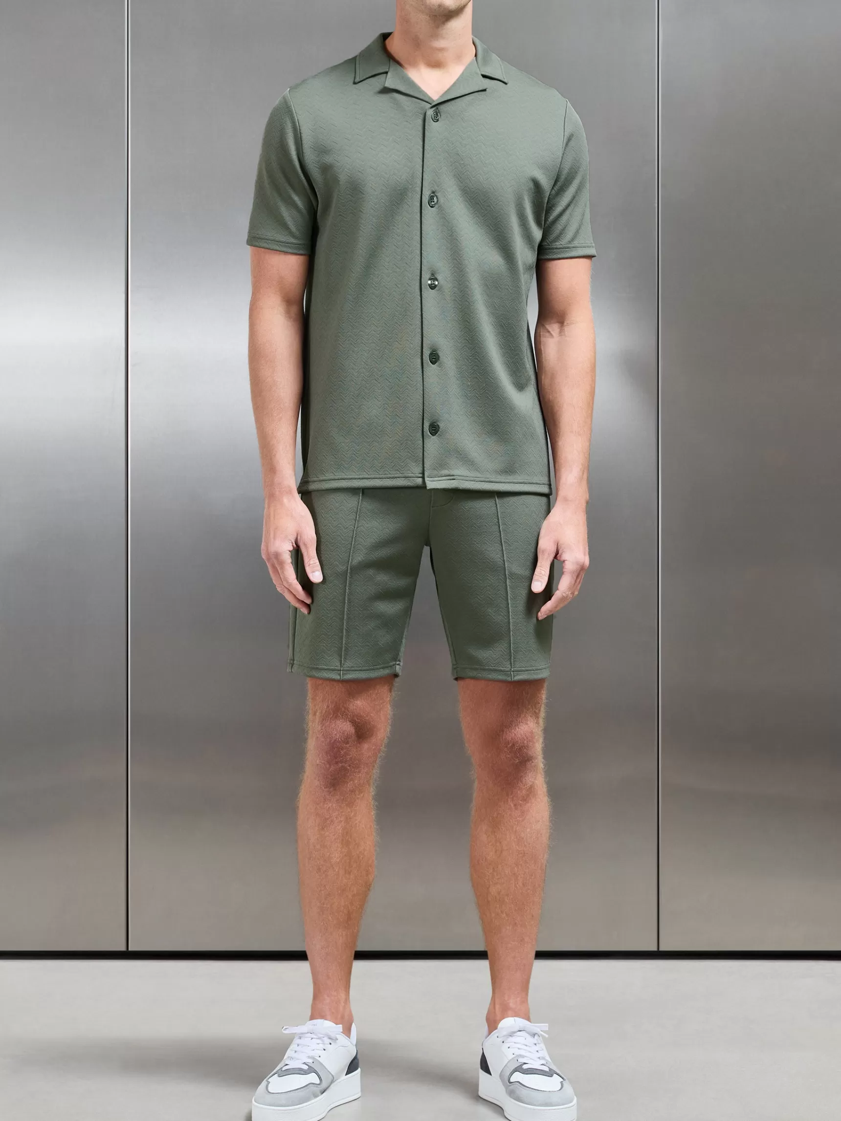 Store ARNE Textured Interlock Revere Collar Shirt - Olive