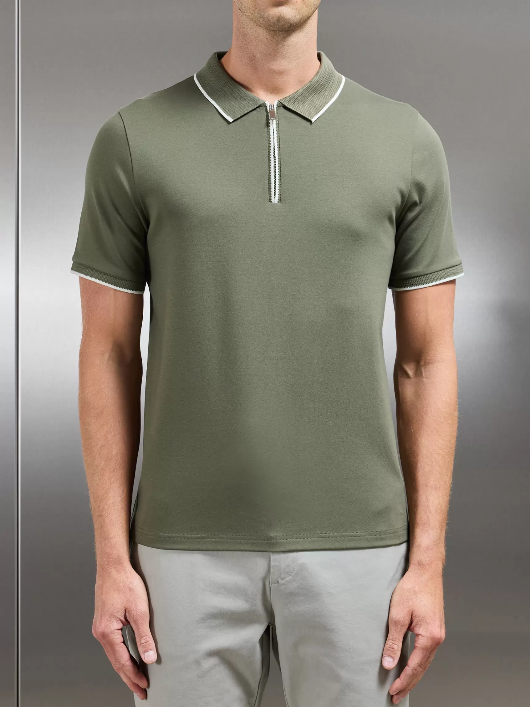 New ARNE Tipped Mercerised Interlock Zip Polo Shirt - Sage