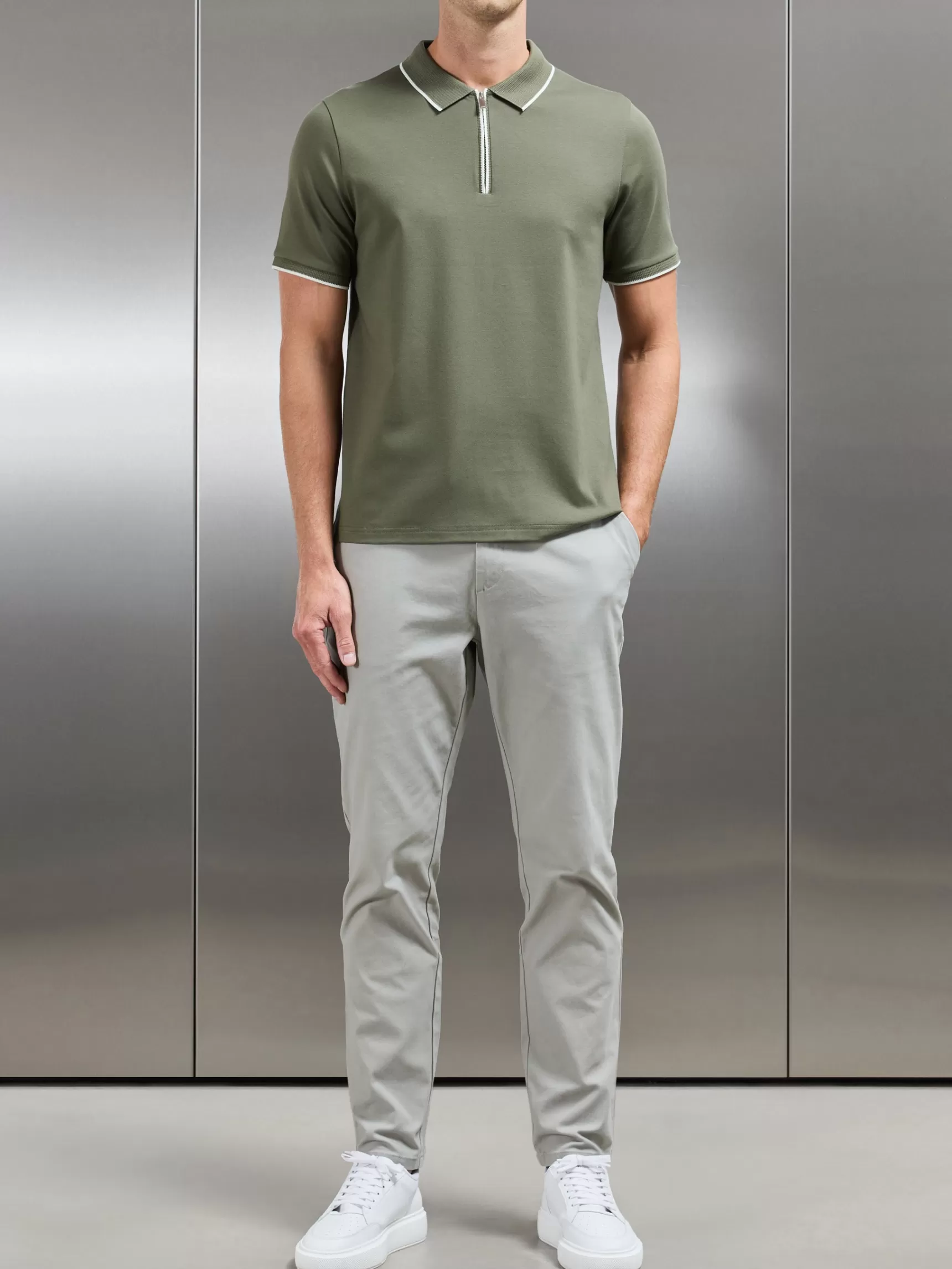 New ARNE Tipped Mercerised Interlock Zip Polo Shirt - Sage