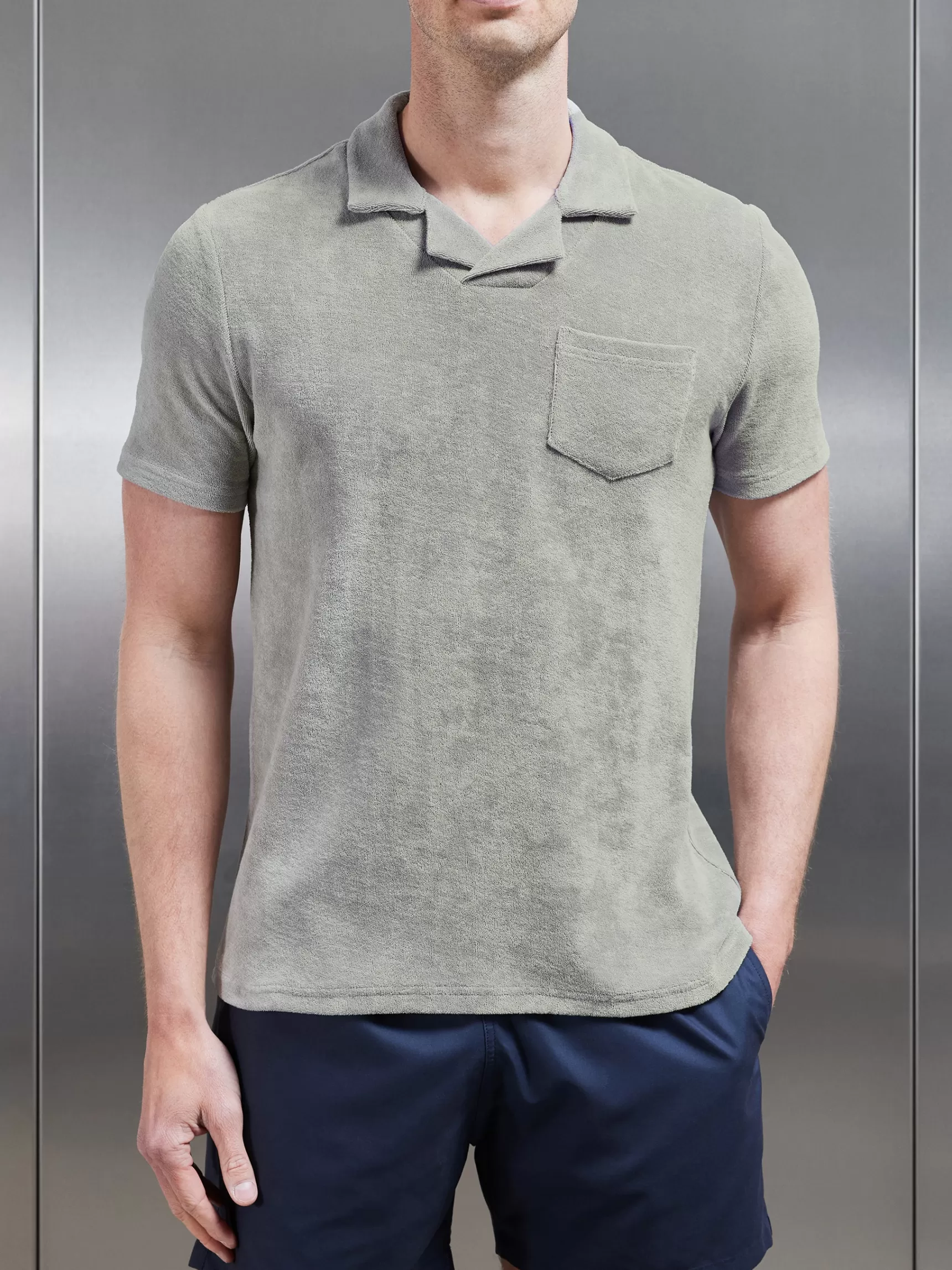 Clearance ARNE Towelling Revere Collar Polo Shirt - Stone