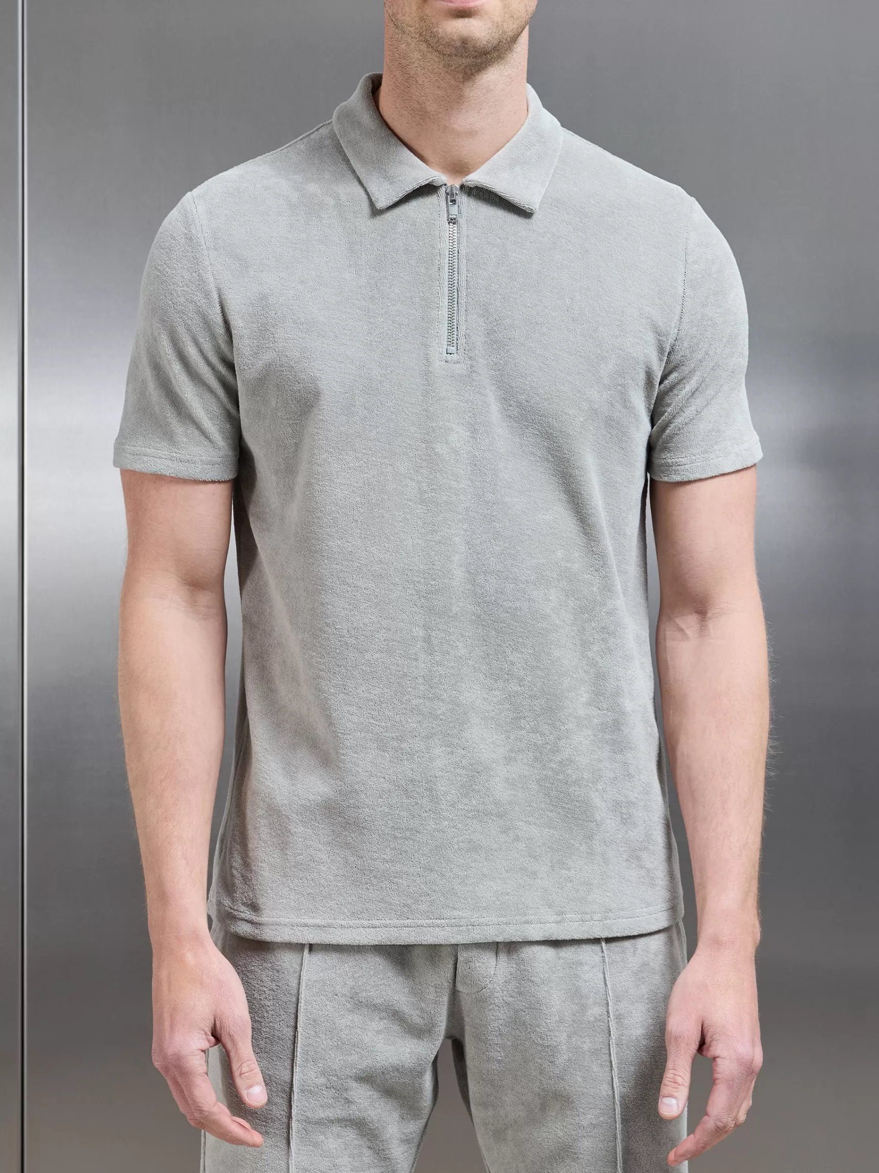 Store ARNE Towelling Zip Polo Shirt - Stone