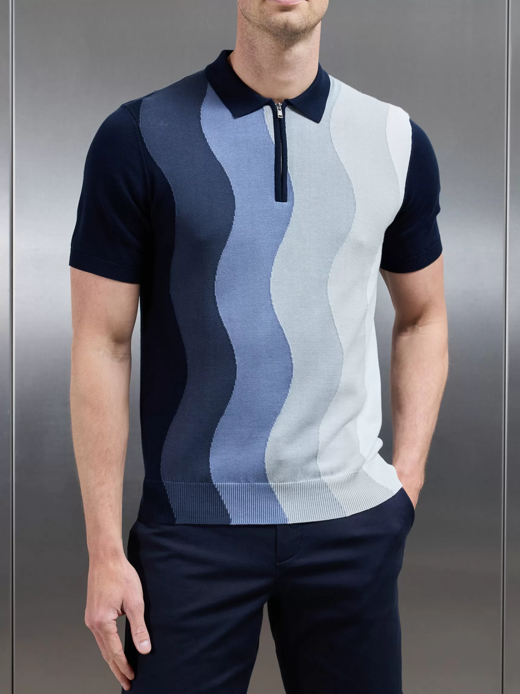 Cheap ARNE Wave Knitted Zip Polo Shirt - Navy