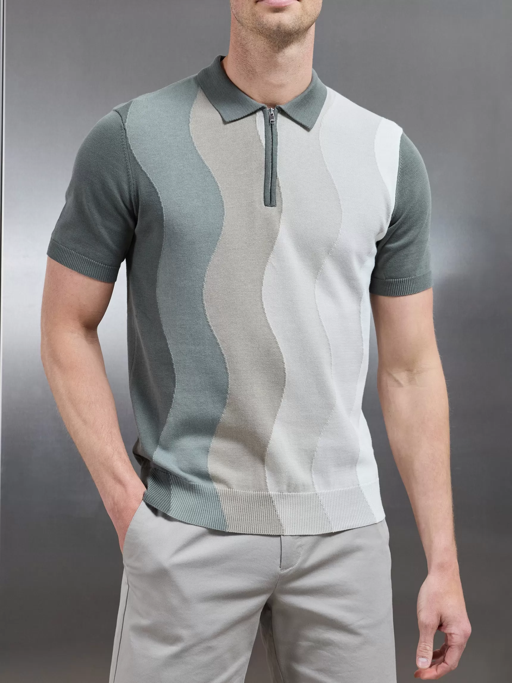 Fashion ARNE Wave Knitted Zip Polo Shirt - Sage