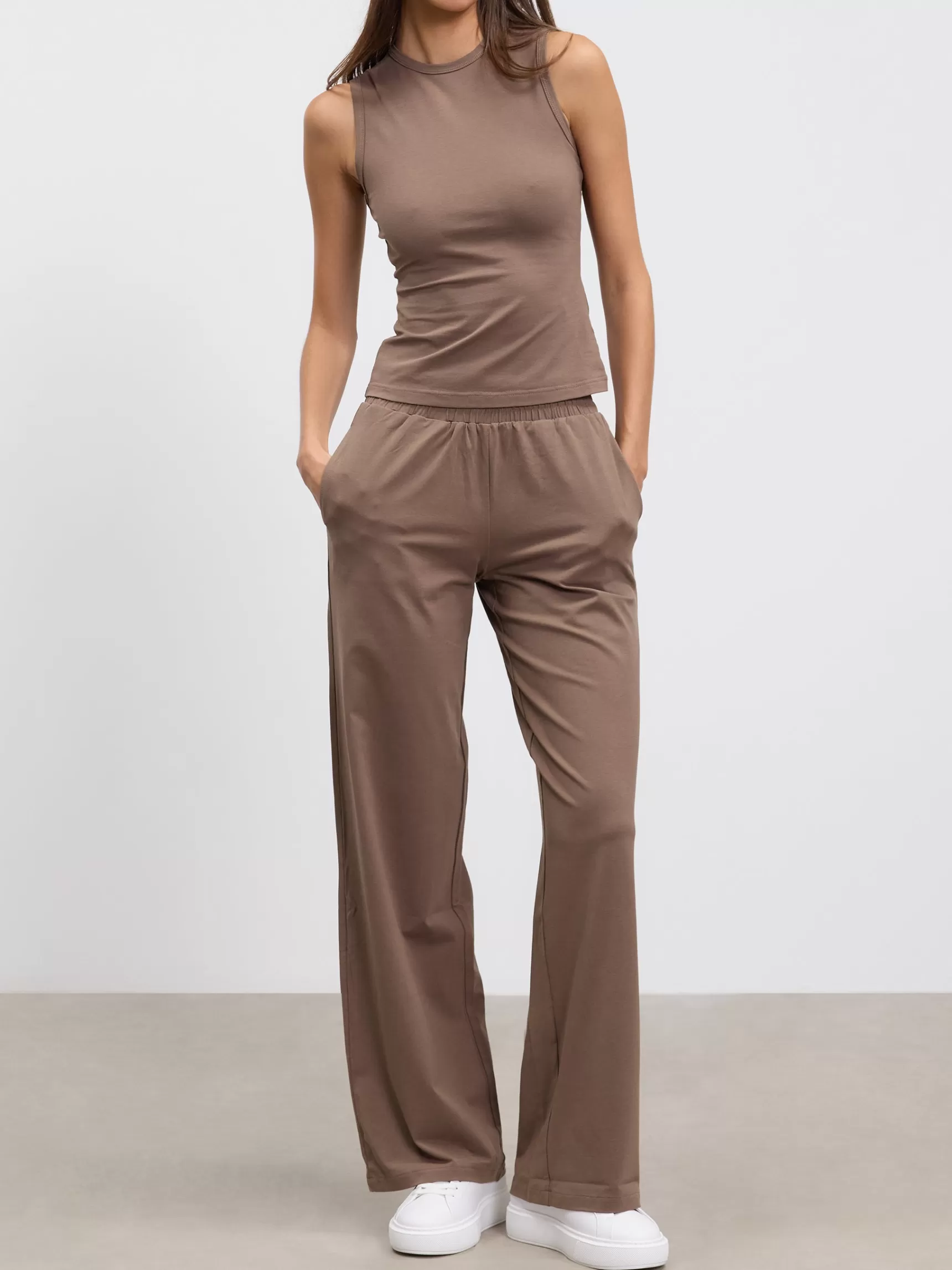 Clearance ARNE Womens Cotton Modal Wide Leg Pull On Trouser - Taupe