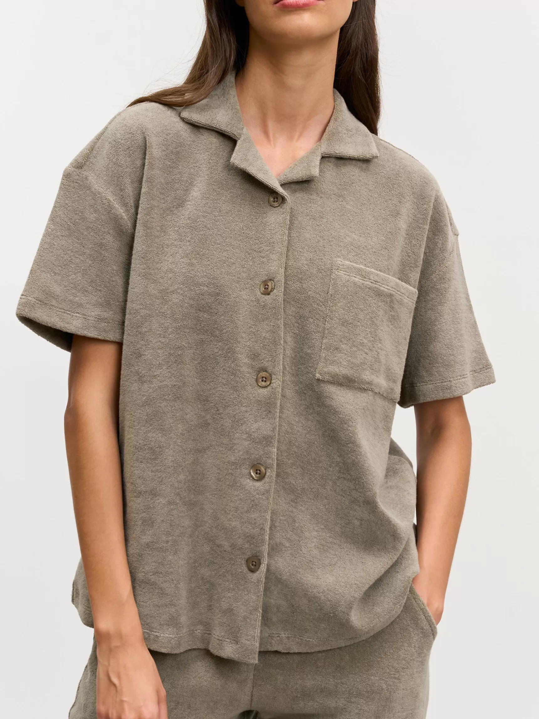 New ARNE Womens Towelling Revere Collar Shirt - Taupe